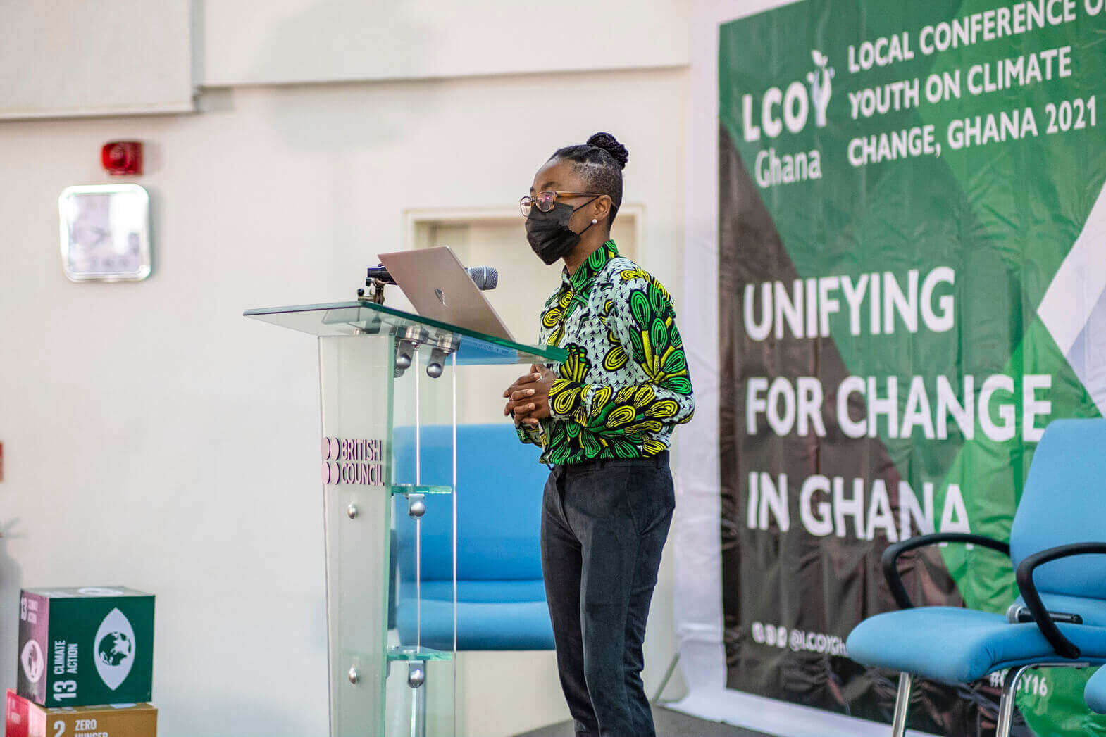Nadia Owusus giving a Speach and the LCOY 2021